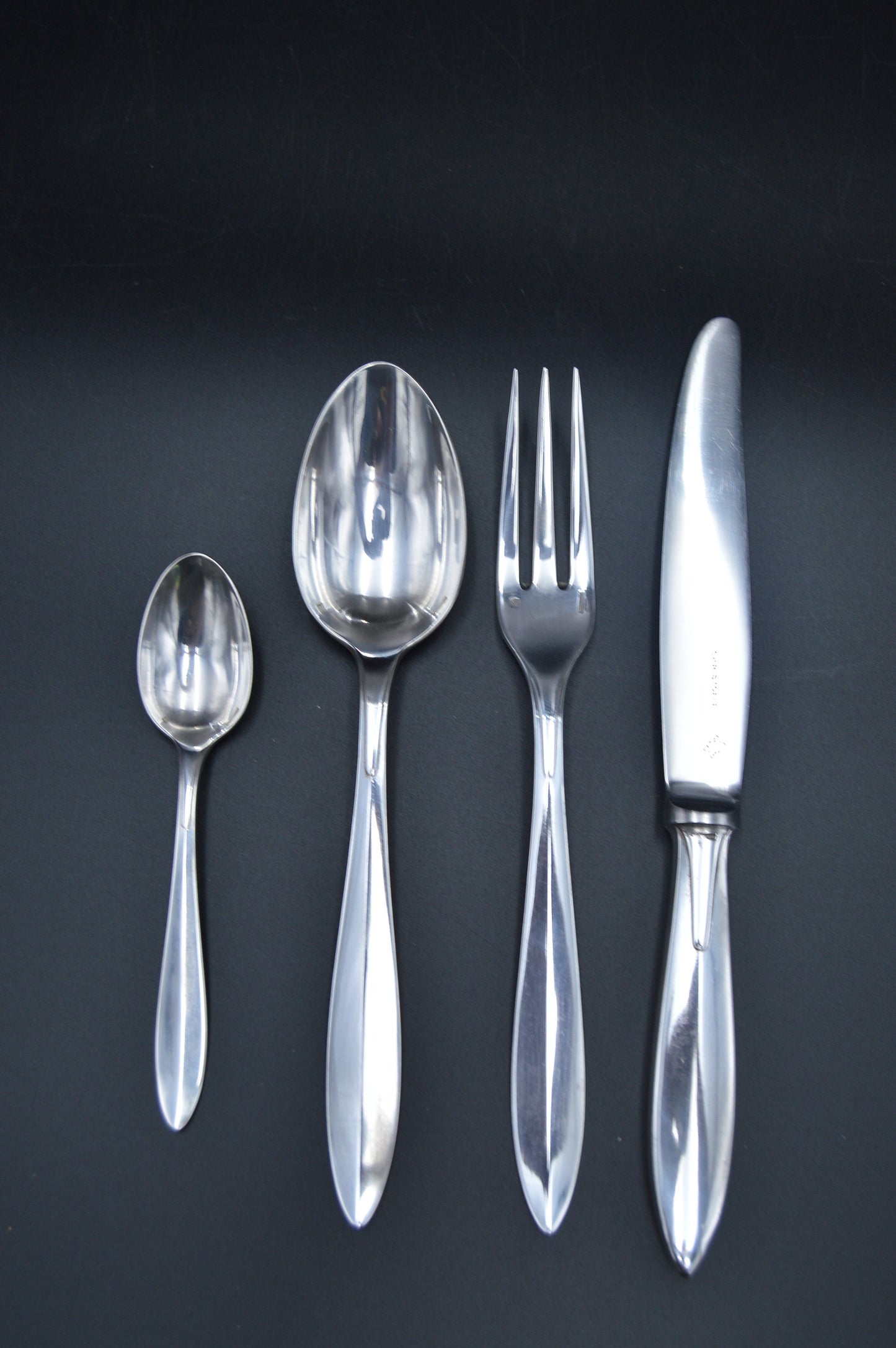 Christofle Dining Set Individual Box 4 Pieces Fork Spoon Teaspoon Knife Fully Marked Christofle 1920-1935 Atlantic Pattern Silver Plate
