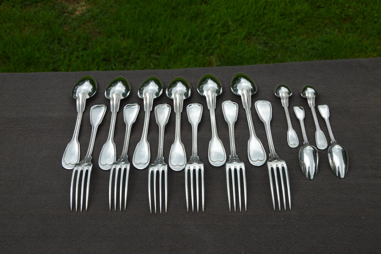 Antique Ruolz Six Spoons Forks and Four Teaspoons Filet French Silver Plated Riolz Marked 1866-1868 Luxury Cutlery Flatware