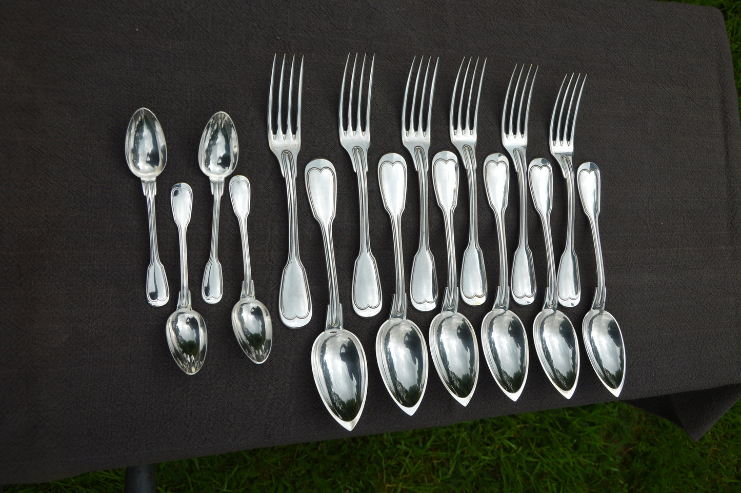 Antique Ruolz Six Spoons Forks and Four Teaspoons Filet French Silver Plated Riolz Marked 1866-1868 Luxury Cutlery Flatware