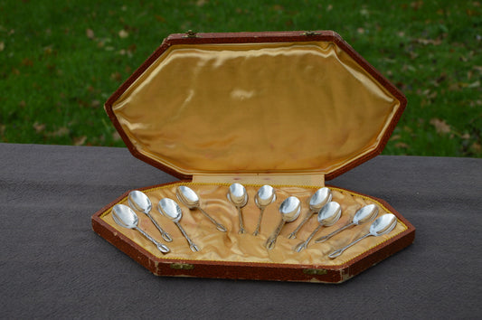Silver Plated Boxed Spoons Antique French Bundle of 11 Silver Plated 'Metaille Blanc Coffee Spoons with Bean Finial Quality