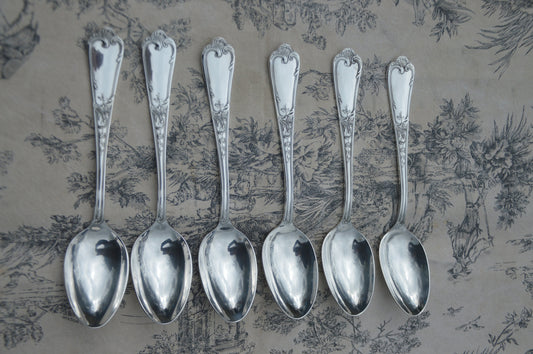 Ercuis 6 Spoons Boxed Entremets/Dessert French Silver Plated Marked Ercuis Cutlery Flatware Du Barry Pattern 21cm Beautiful Condition