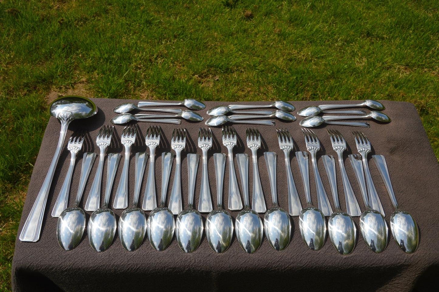 Ercuis Boîte à Dessert Motif Compiègne de 37 Pièces Fourchettes Cuillères Cuillères à Café OE Métaille Blanc Couverts à Pudding Déjeuner Français Plaqué Argent