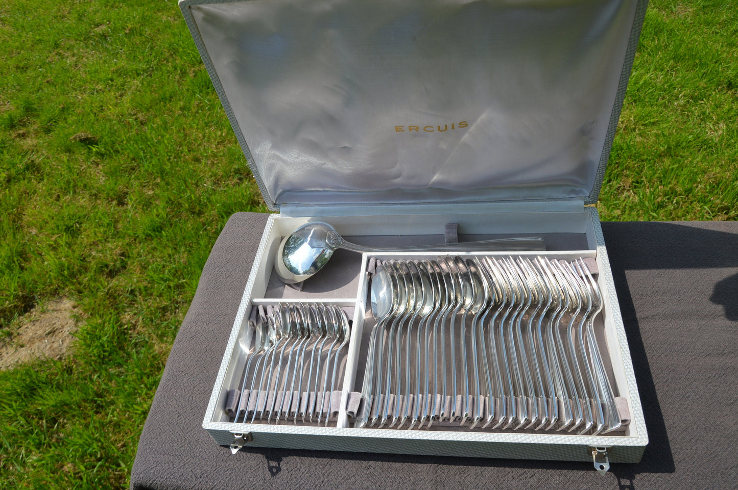 Ercuis Boîte à Dessert Motif Compiègne de 37 Pièces Fourchettes Cuillères Cuillères à Café OE Métaille Blanc Couverts à Pudding Déjeuner Français Plaqué Argent
