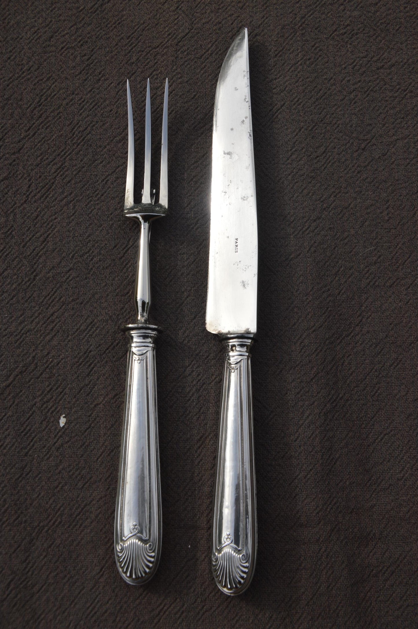 Carving Set French Solid SILVER Silver Handle Fork Carbon Steel Blade Antique Hallmarked Minerva 950 Silver Marked Paris Good Original Box