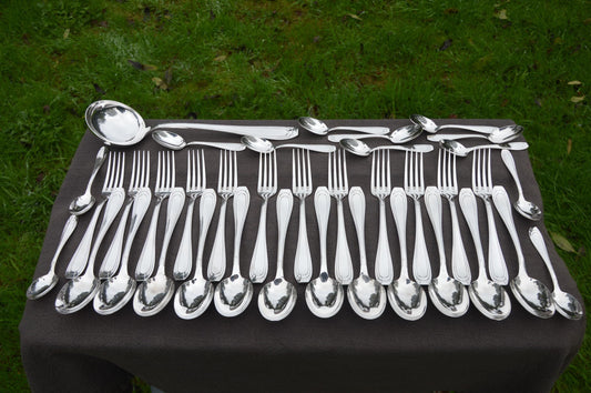Orbrille JB Luncheon Dessert 37 Pieces Forks Spoons Teaspoons Ladle Fully Marked Joseph Buisson French Silver Plate Cutlery Set