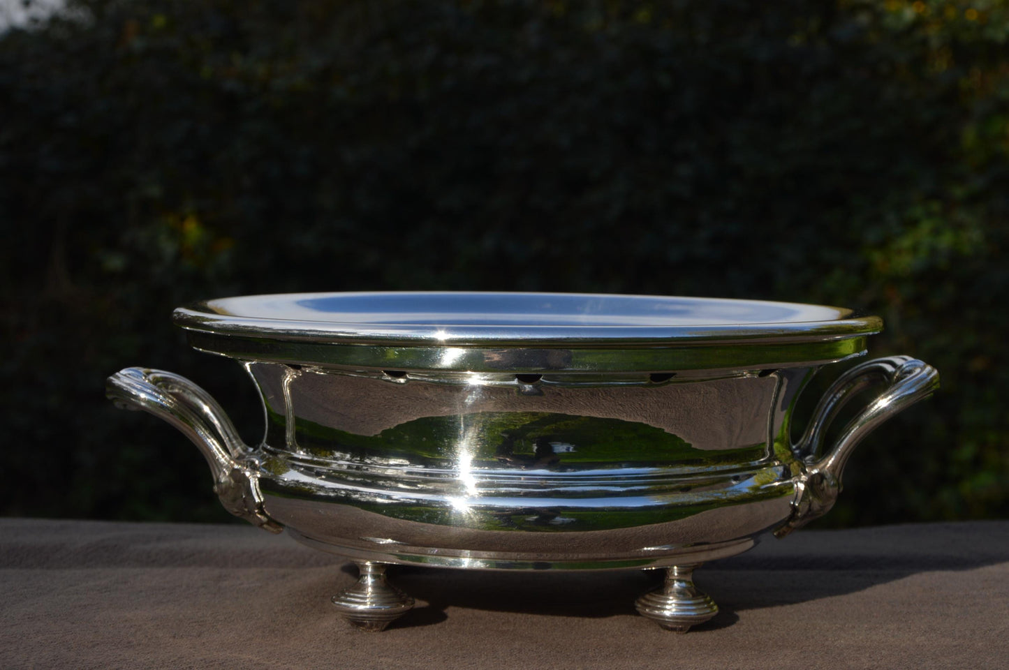 Christofle Antique Food Warmer French Silver Plated Round Handles Chauffe Plat with Feet Fully Marked Christofle Made in France 1862-1877