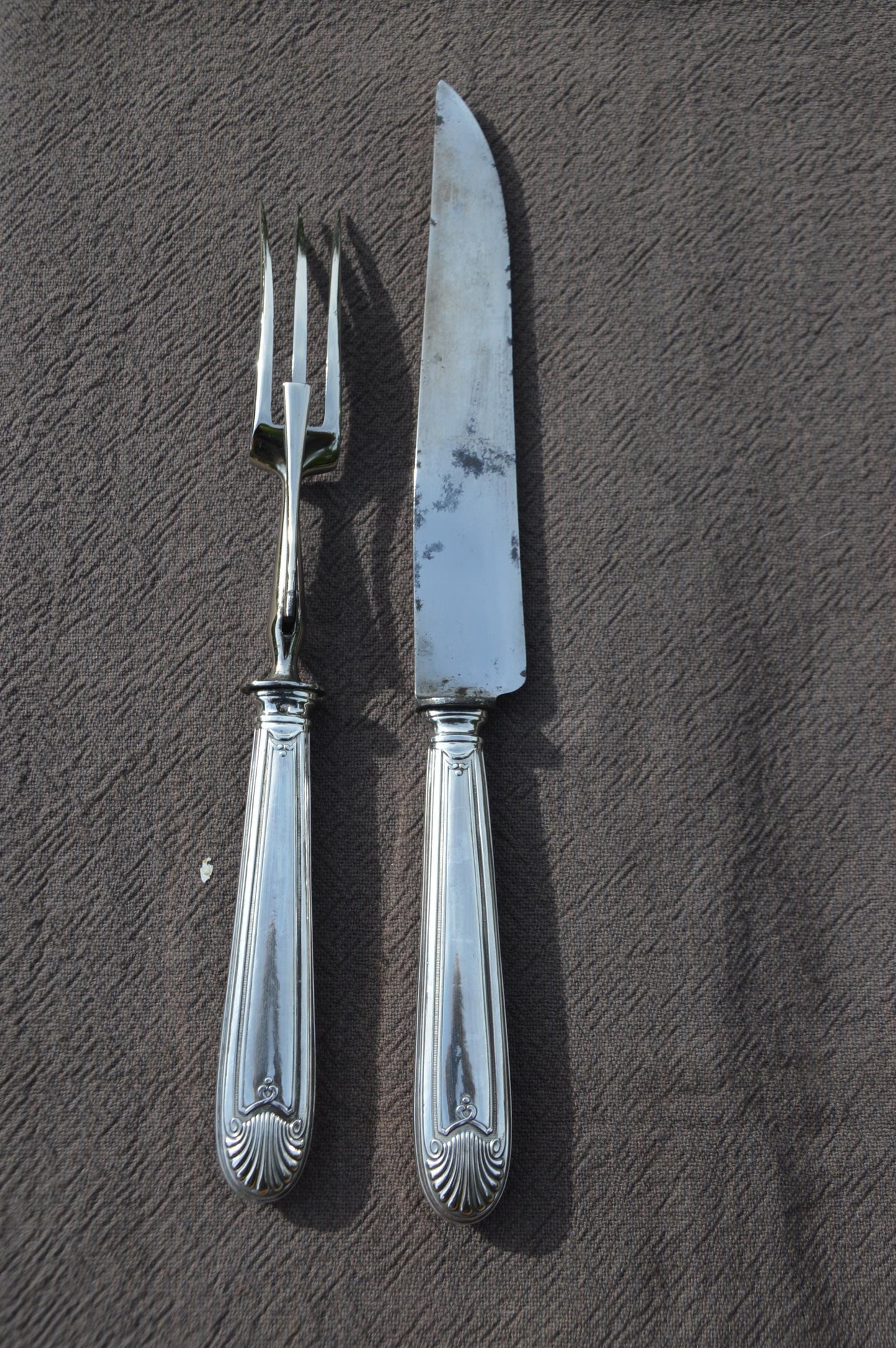 Carving Set French Solid SILVER Silver Handle Fork Carbon Steel Blade Antique Hallmarked Minerva 950 Silver Marked Paris Good Original Box