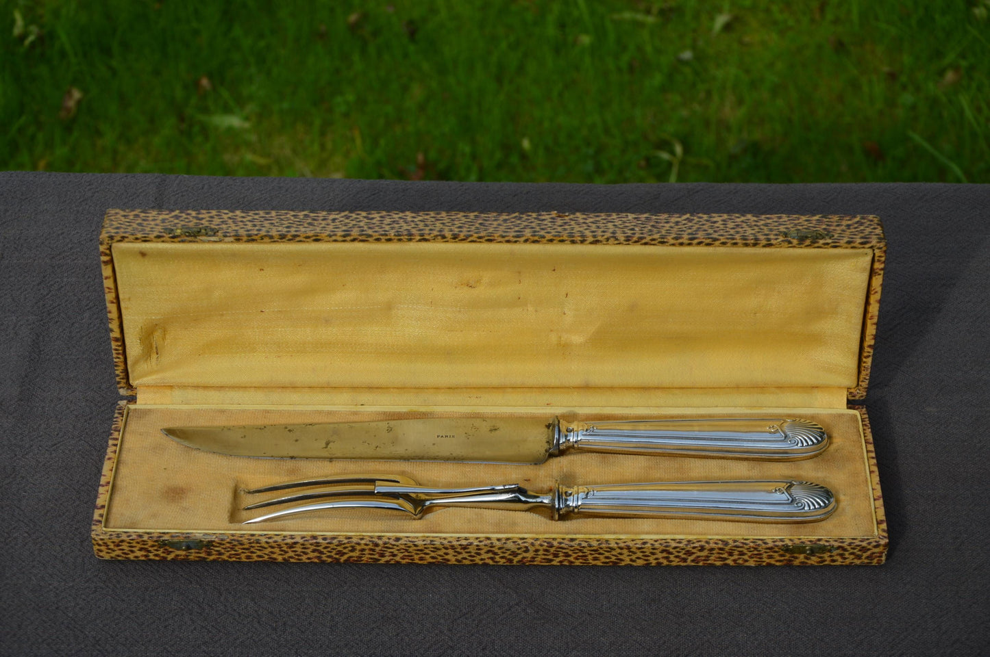 Carving Set French Solid SILVER Silver Handle Fork Carbon Steel Blade Antique Hallmarked Minerva 950 Silver Marked Paris Good Original Box